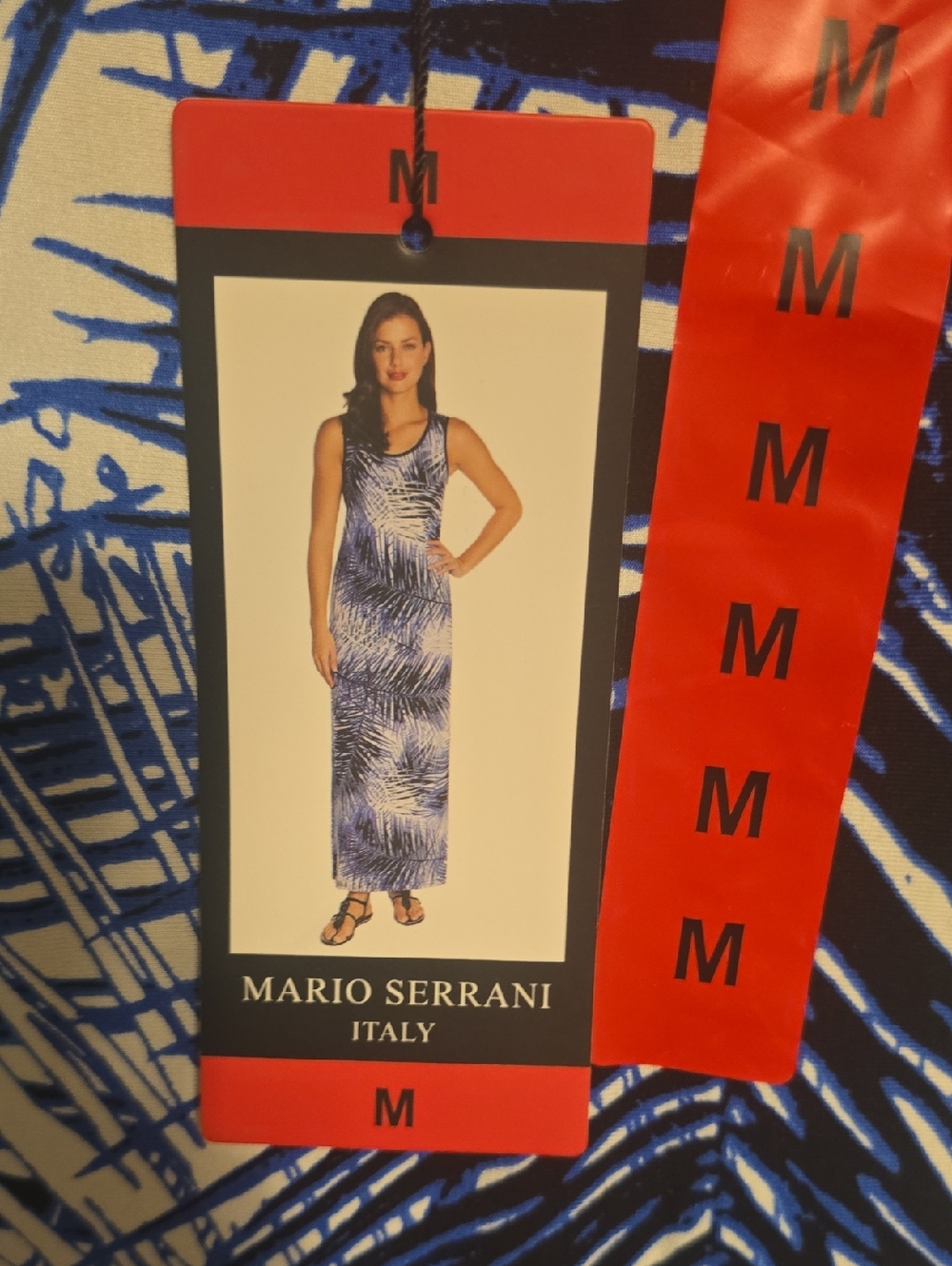 Mario Serrani Blue and White Palm-Print Maxi Dress